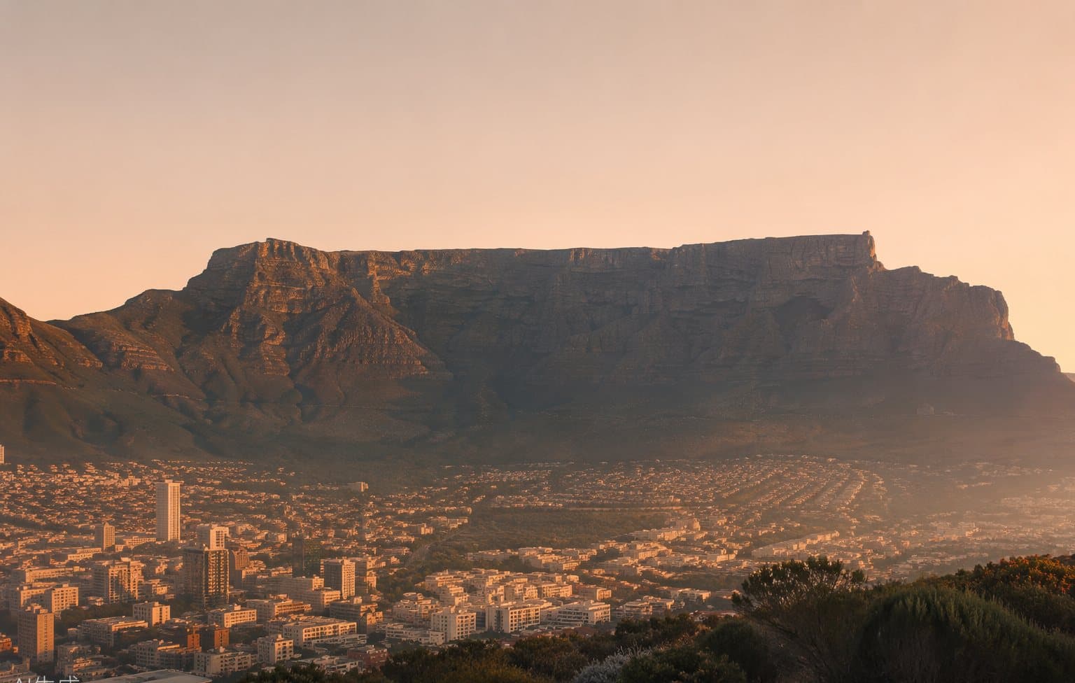 Table Mountain rising over Cape Town at golden hour